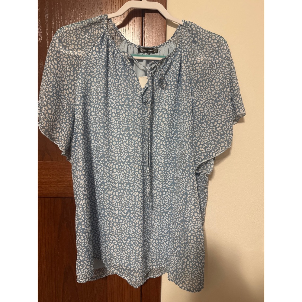 PRETTYGARDEN Women Blue White Animal Print Tie Neck Flutter Sleeve Blouse Top XL